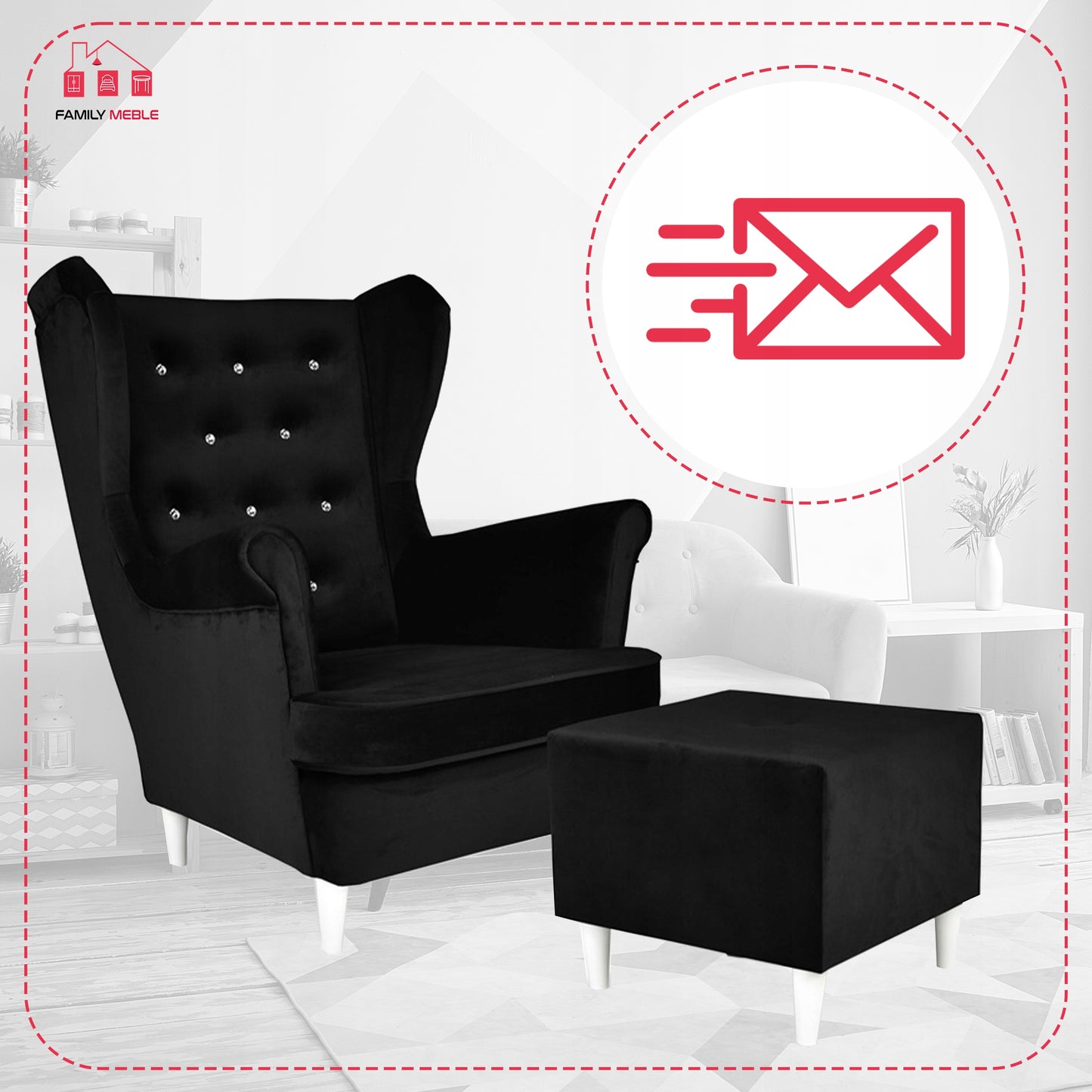 Fotel uszak Diana z podnóżkiem, skandynawski Family Meble czarny welur