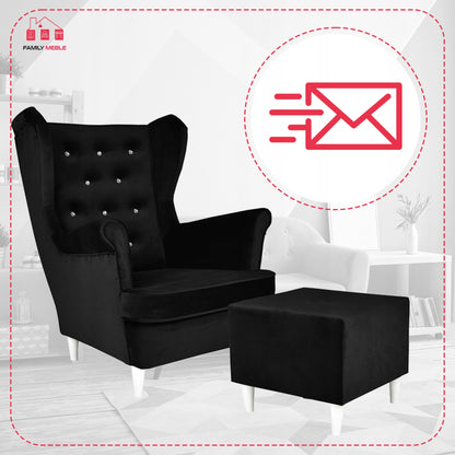 Fotel uszak Diana z podnóżkiem, skandynawski Family Meble czarny welur