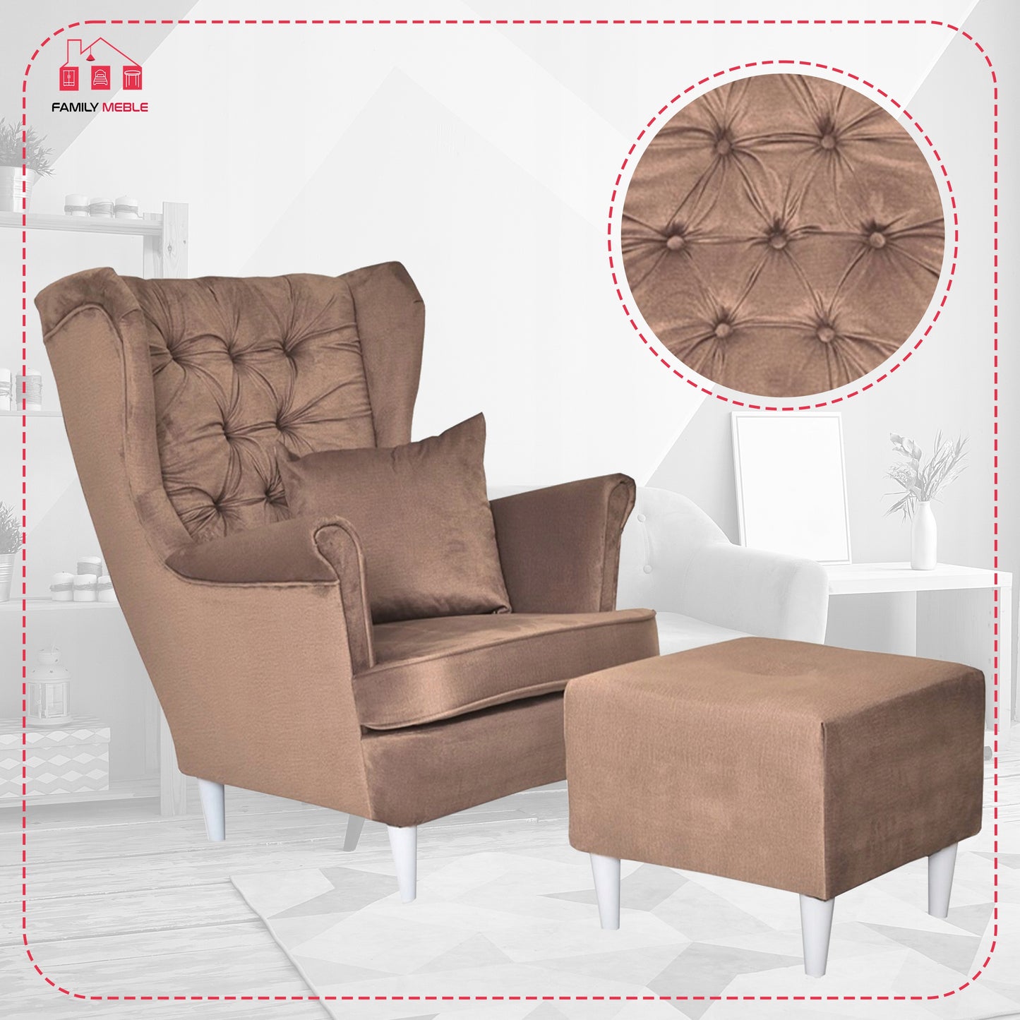 Fotel uszak Gaja z podnóżkiem skandynawski Family Meble nudziak pufa