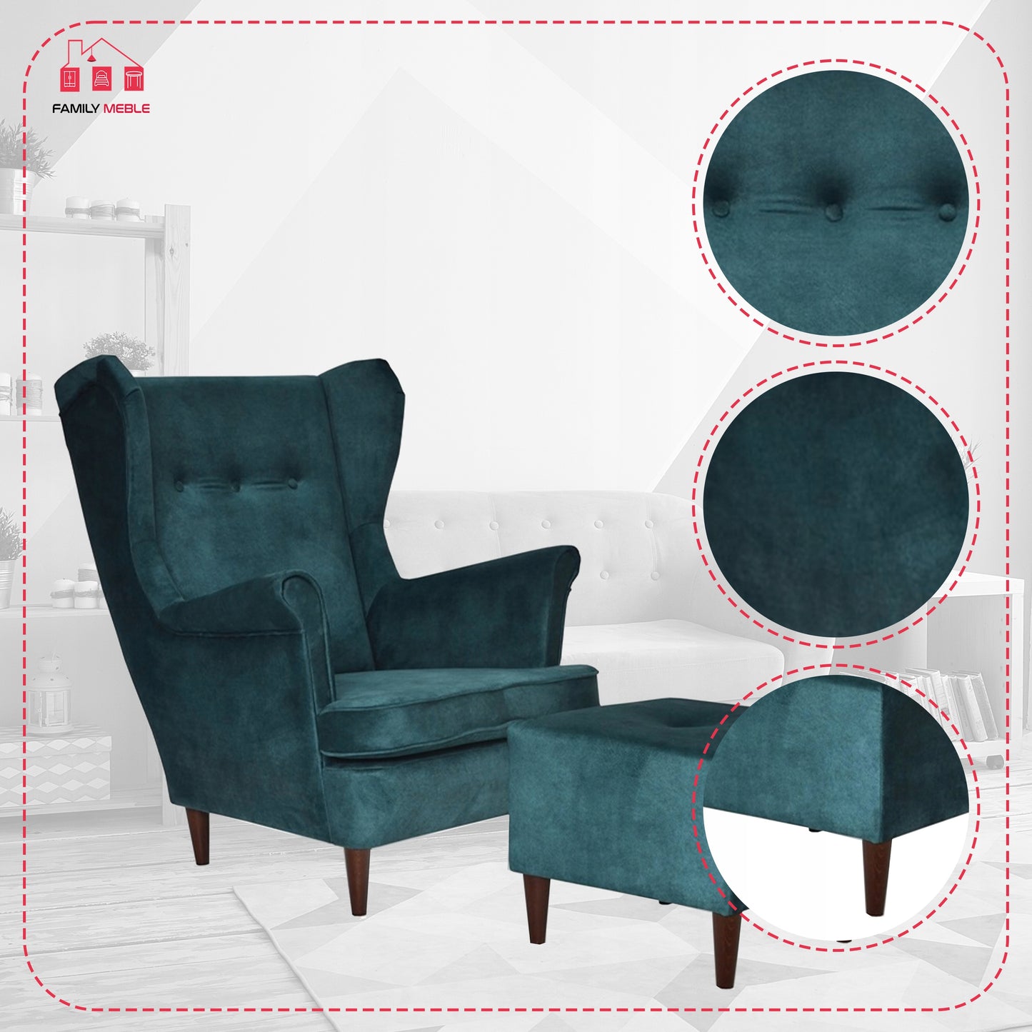 Fotel uszak ARI z podnóżkiem, skandynawski Family Meble ciemny turkus