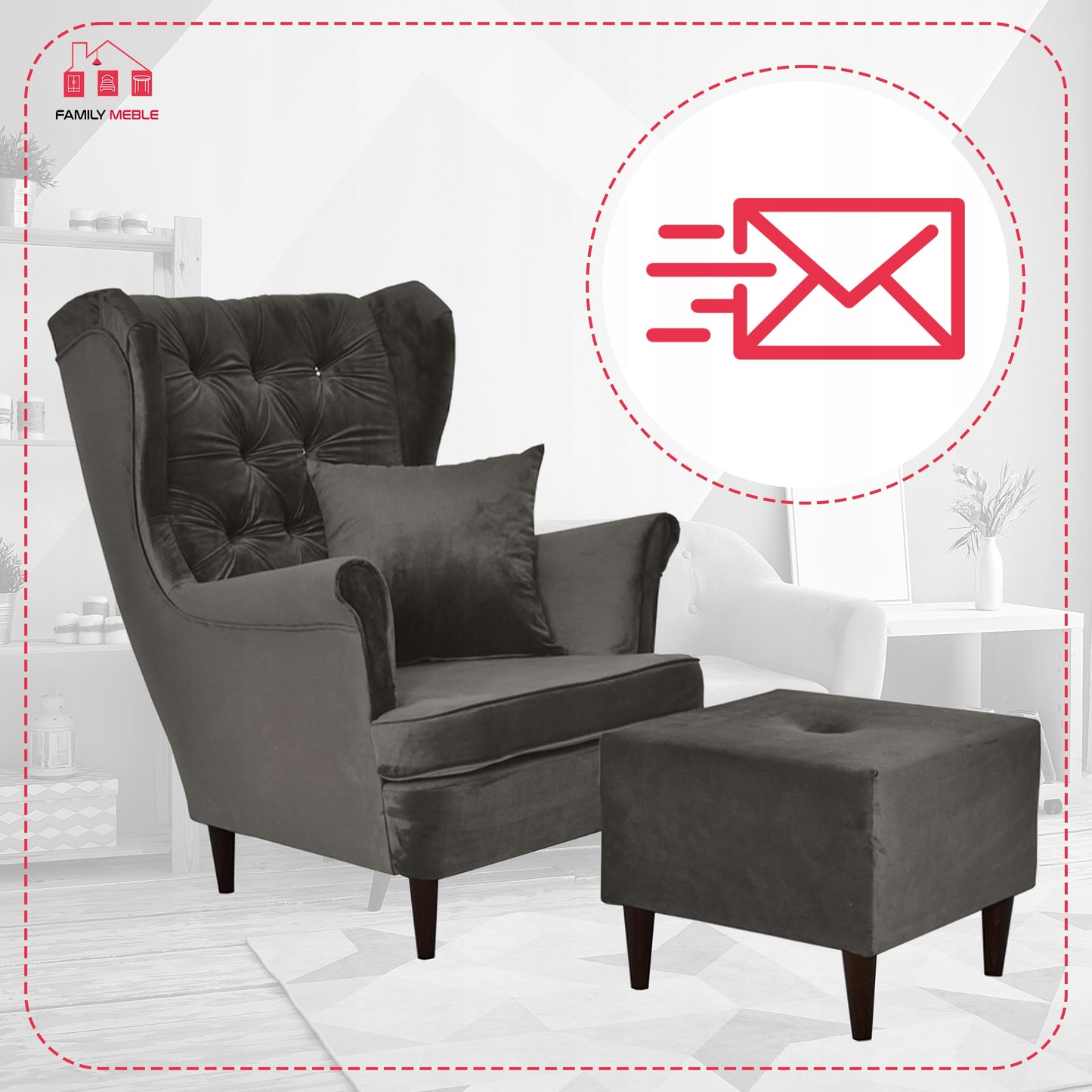 Fotel uszak Gaja z podnóżkiem skandynawski Family Meble brunatny szary