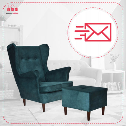 Fotel uszak ARI z podnóżkiem, skandynawski Family Meble ciemny turkus