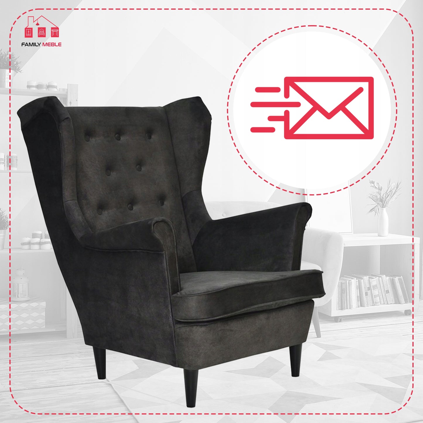 Fotel uszak Diana skandynawski Family Meble welur hydrofobowy ciemny