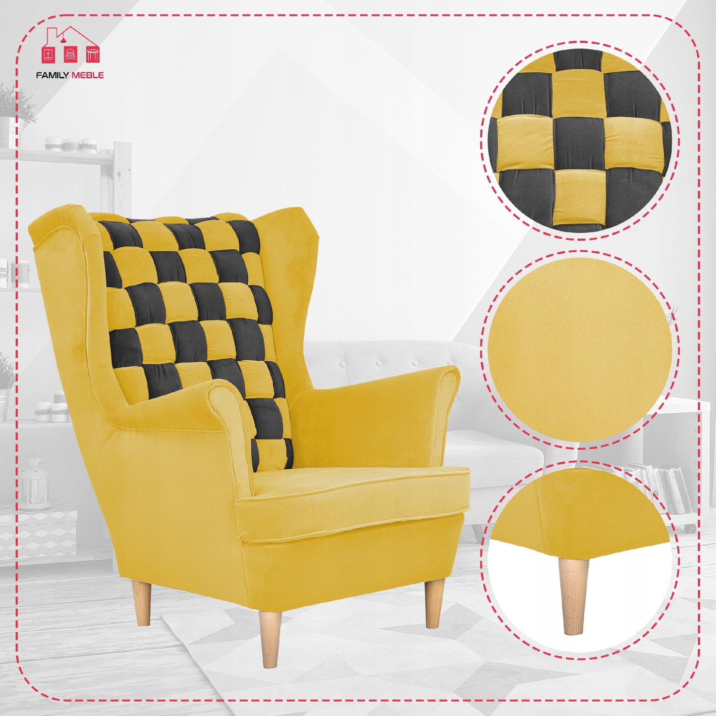 Fotel uszak Carol Duo skandynawski Family Meble żółto czarny paski