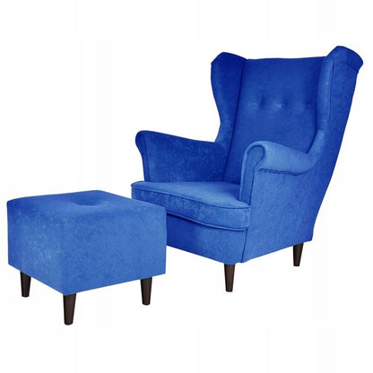 Fotel uszak ARI z podnóżkiem, welur niebieski do relaksu Family Meble