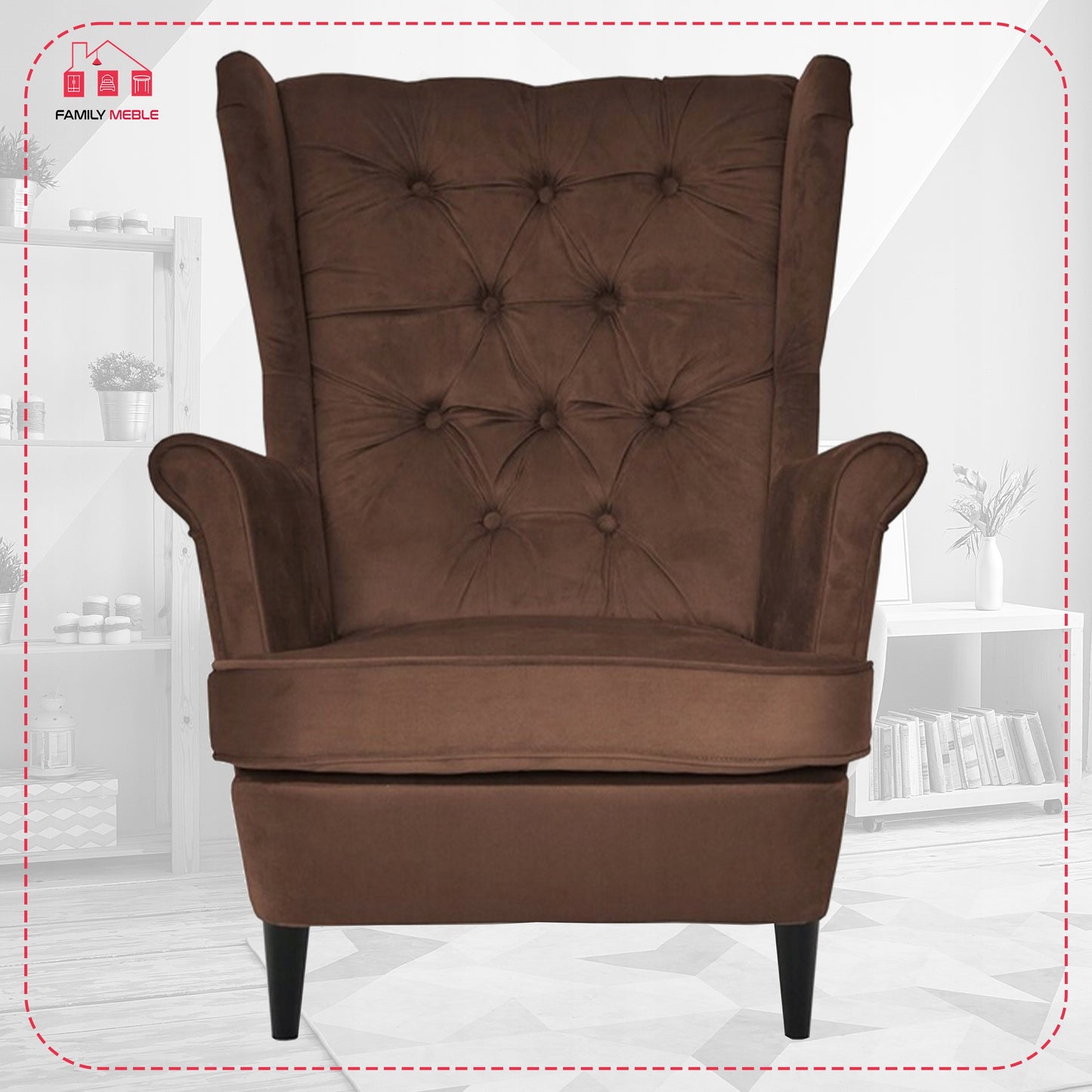 Fotel uszak Gaja z podnóżkiem skandynawski Family Meble brązu orzech