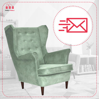 Fotel uszak Diana skandynawski Family Meble miętowy pistacjowy zamszowy