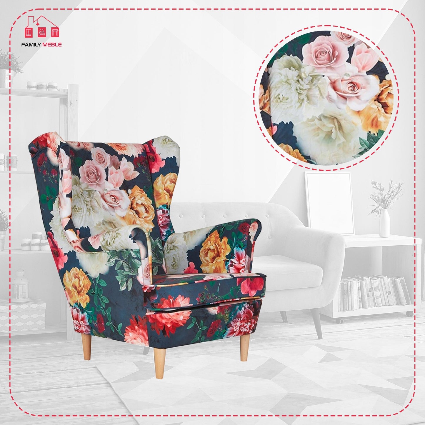 Fotel uszak ARI PRINT skandynawski Family Meble piwonie kwiaty wzór 3D