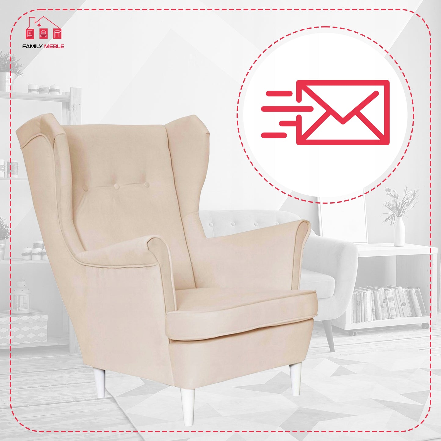 Fotel uszak Diana skandynawski Family Meble pikowany beżowy welur PROF