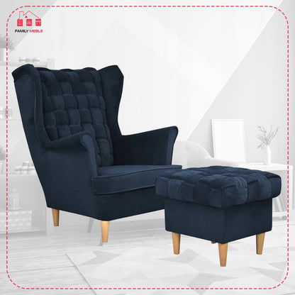 Fotel uszak Carol z podnóżkiem skandynawski Family Meble granatowy