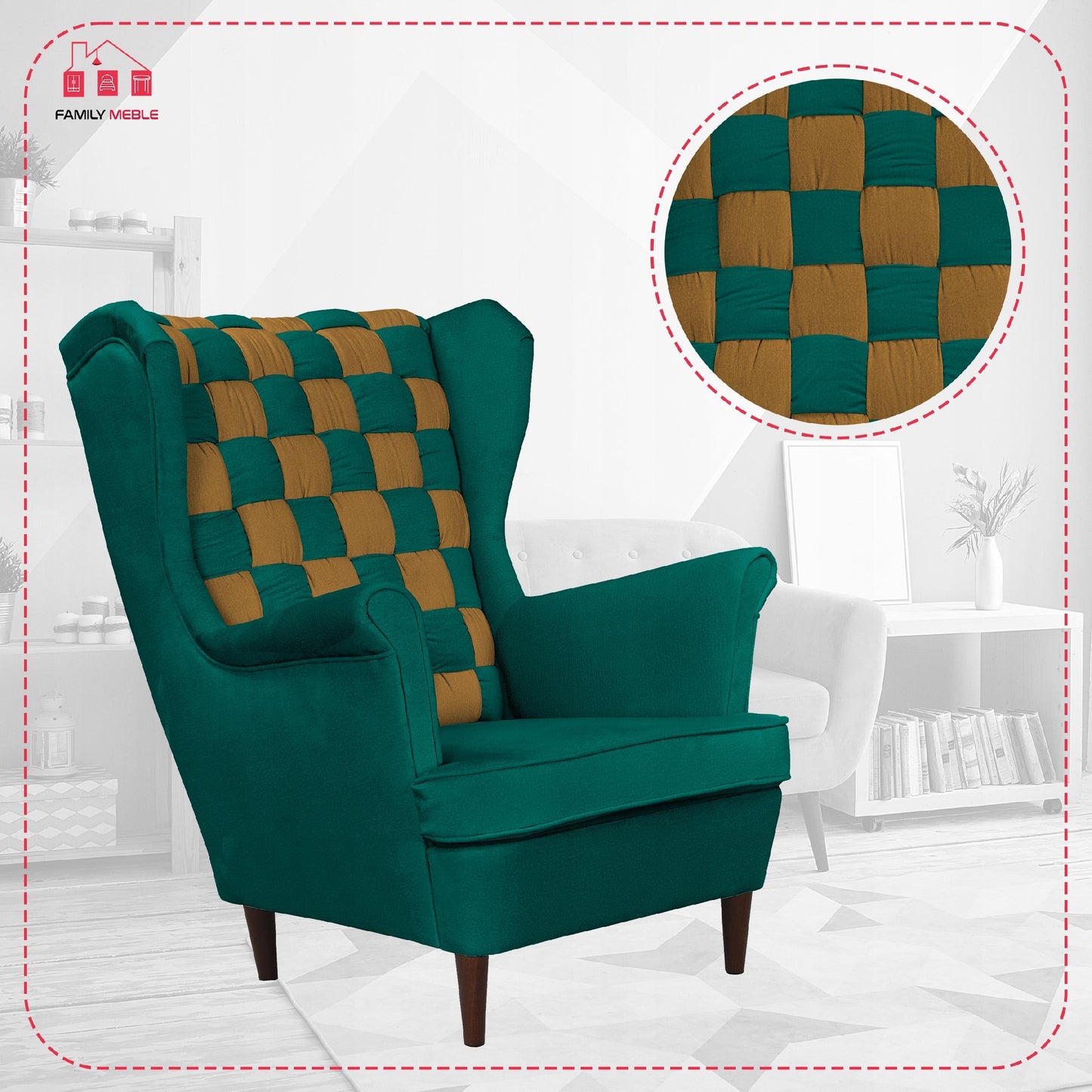 Fotel uszak Carol Duo skandynawski Family Meble zielono złoty, miodowy