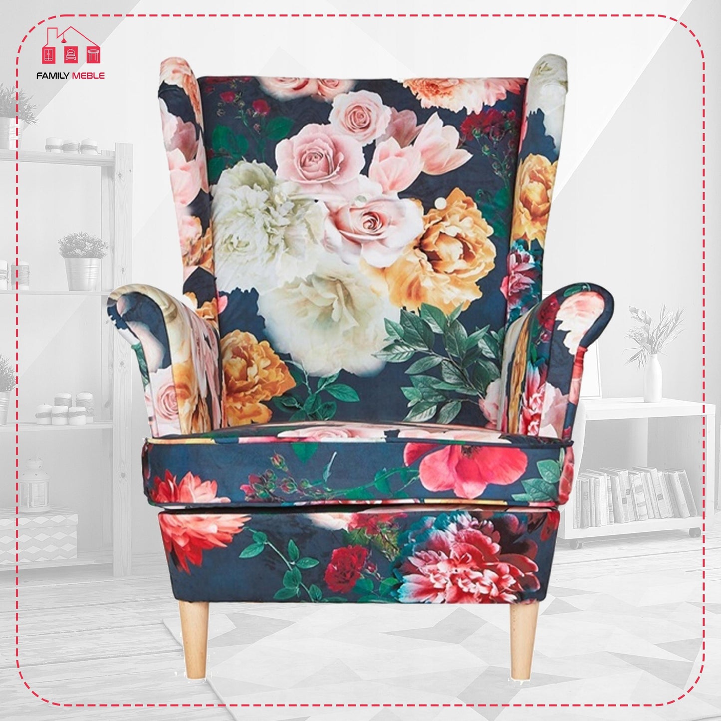 Fotel uszak ARI PRINT skandynawski Family Meble piwonie kwiaty wzór 3D