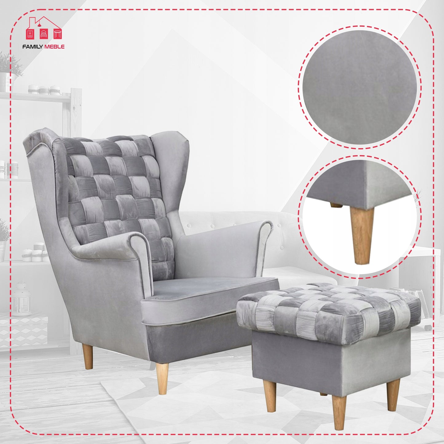 Fotel uszak Carol z podnóżkiem skandynawski Family Meble siwy aksamit