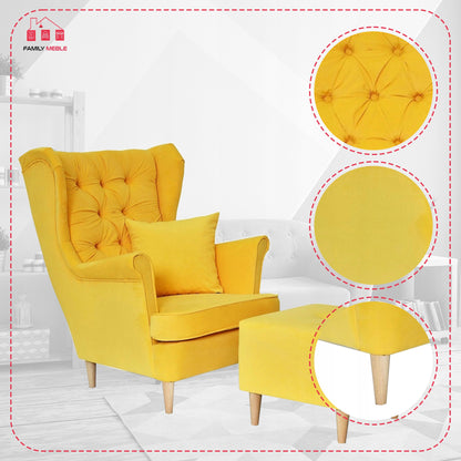 Fotel uszak Gaja z podnóżkiem skandynawski Family Meble yellow + pufa