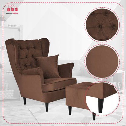 Fotel uszak Gaja z podnóżkiem skandynawski Family Meble brązu orzech