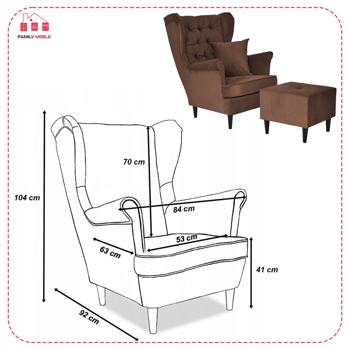 Fotel uszak Gaja z podnóżkiem skandynawski Family Meble brązu orzech