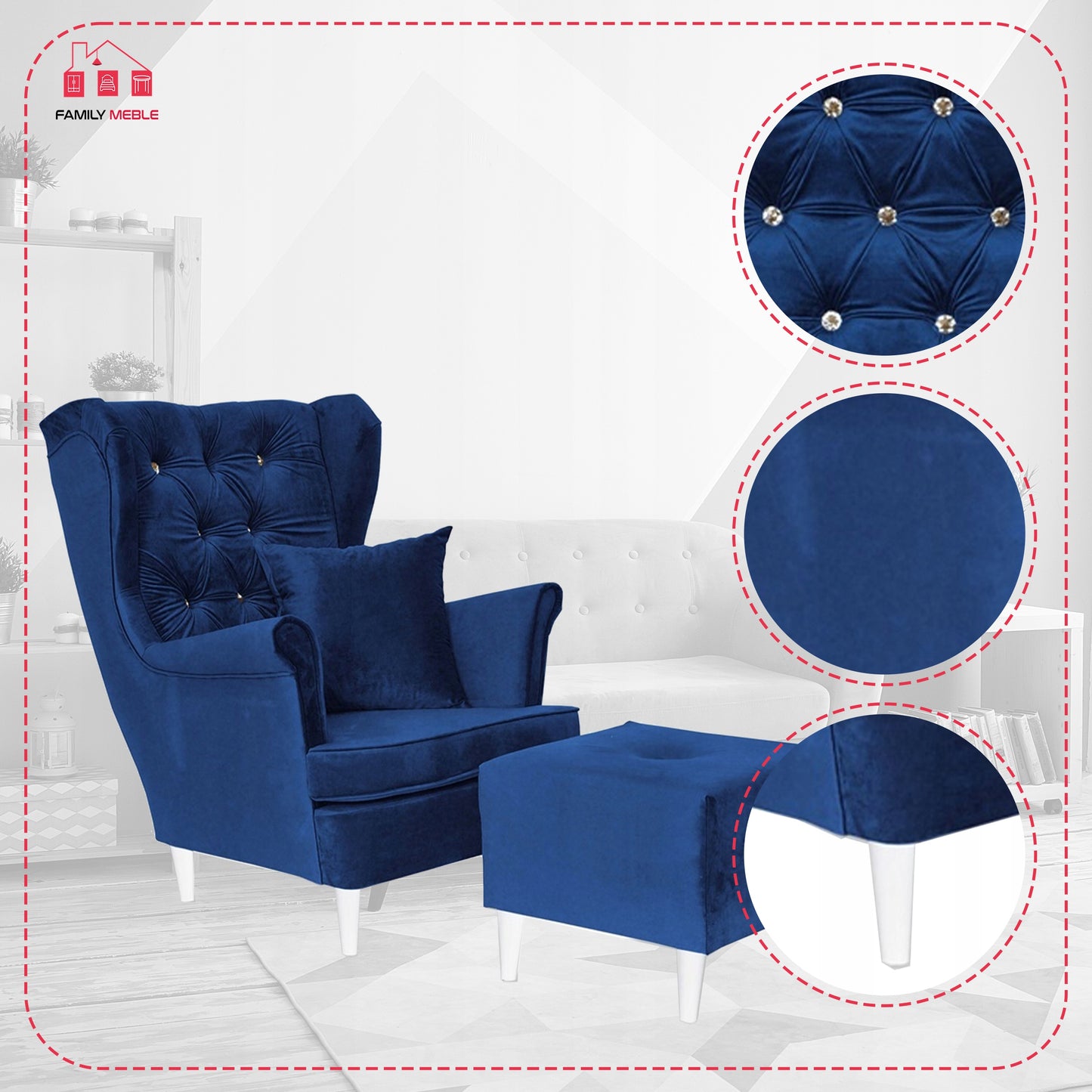 Fotel uszak Gaja z podnóżkiem skandynawski Family Meble aksamit welwet