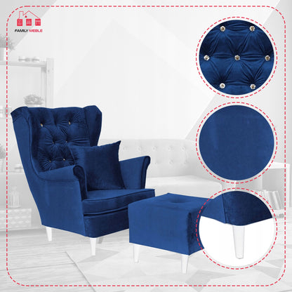 Fotel uszak Gaja z podnóżkiem skandynawski Family Meble aksamit welwet