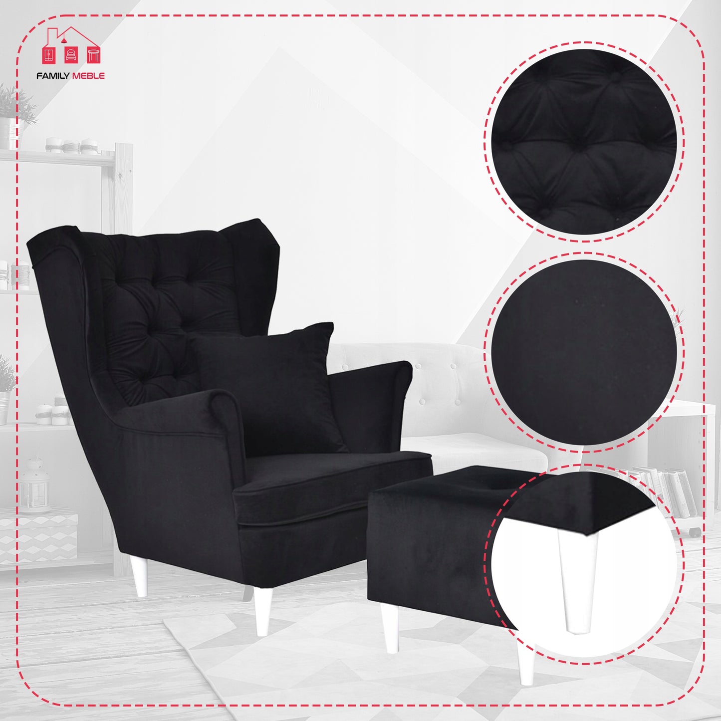 Fotel uszak Gaja z podnóżkiem skandynawski Family Meble czarny miękki