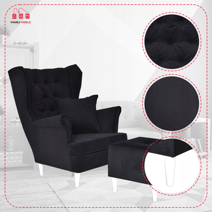 Fotel uszak Gaja z podnóżkiem skandynawski Family Meble czarny miękki