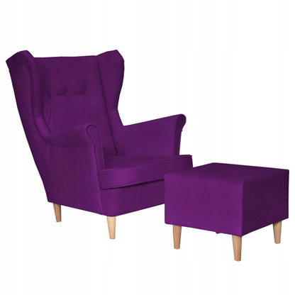 Fotel uszak ARI z podnóżkiem, skandynawski Family Meble fiolet śliwka