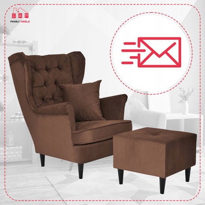 Fotel uszak Gaja z podnóżkiem skandynawski Family Meble brązu orzech