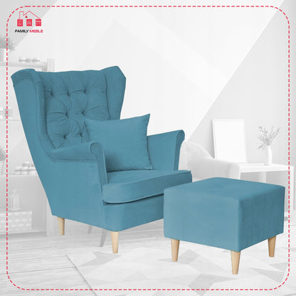 Fotel uszak Gaja z podnóżkiem skandynawski Family Mebl niebieski jasny