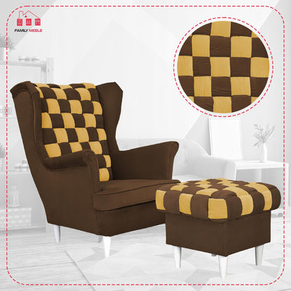 Fotel uszak Carol Duo z podnóżkiem skandynawski Family Meble brązowy żółty