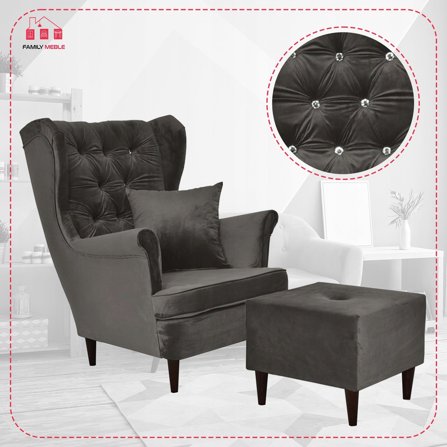 Fotel uszak Gaja z podnóżkiem skandynawski Family Meble brunatny szary