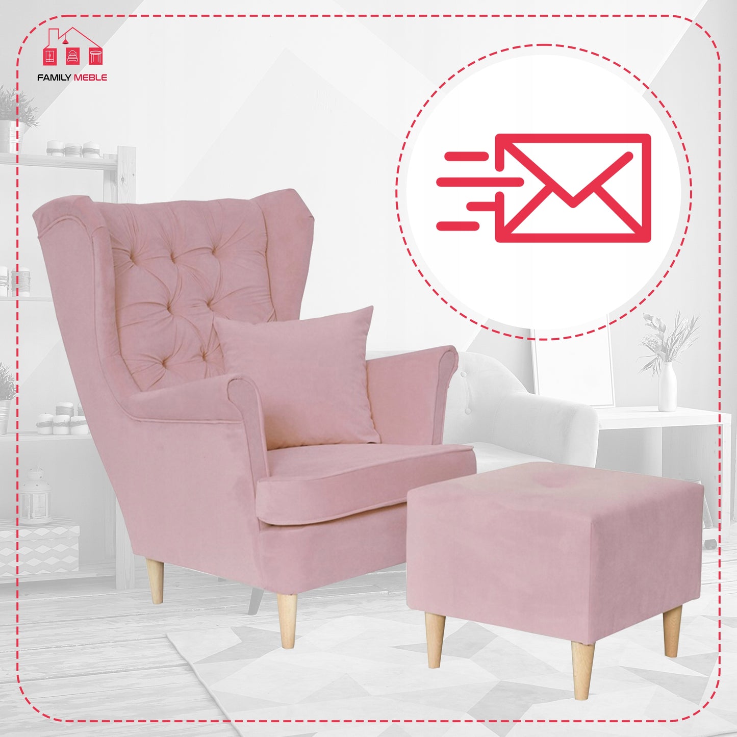 Fotel uszak Gaja z podnóżkiem skandynawski Family Meble z pufką różowy