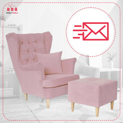 Fotel uszak Gaja z podnóżkiem skandynawski Family Meble z pufką różowy