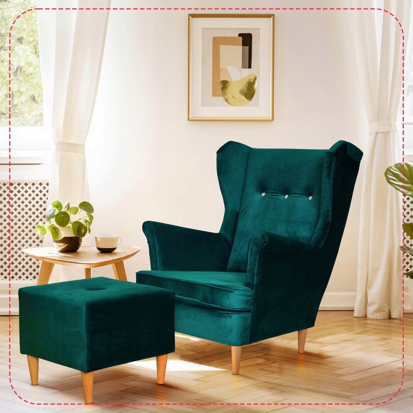 Fotel uszak ARI z podnóżkiem, skandynawski Family Meble ciemno zielony