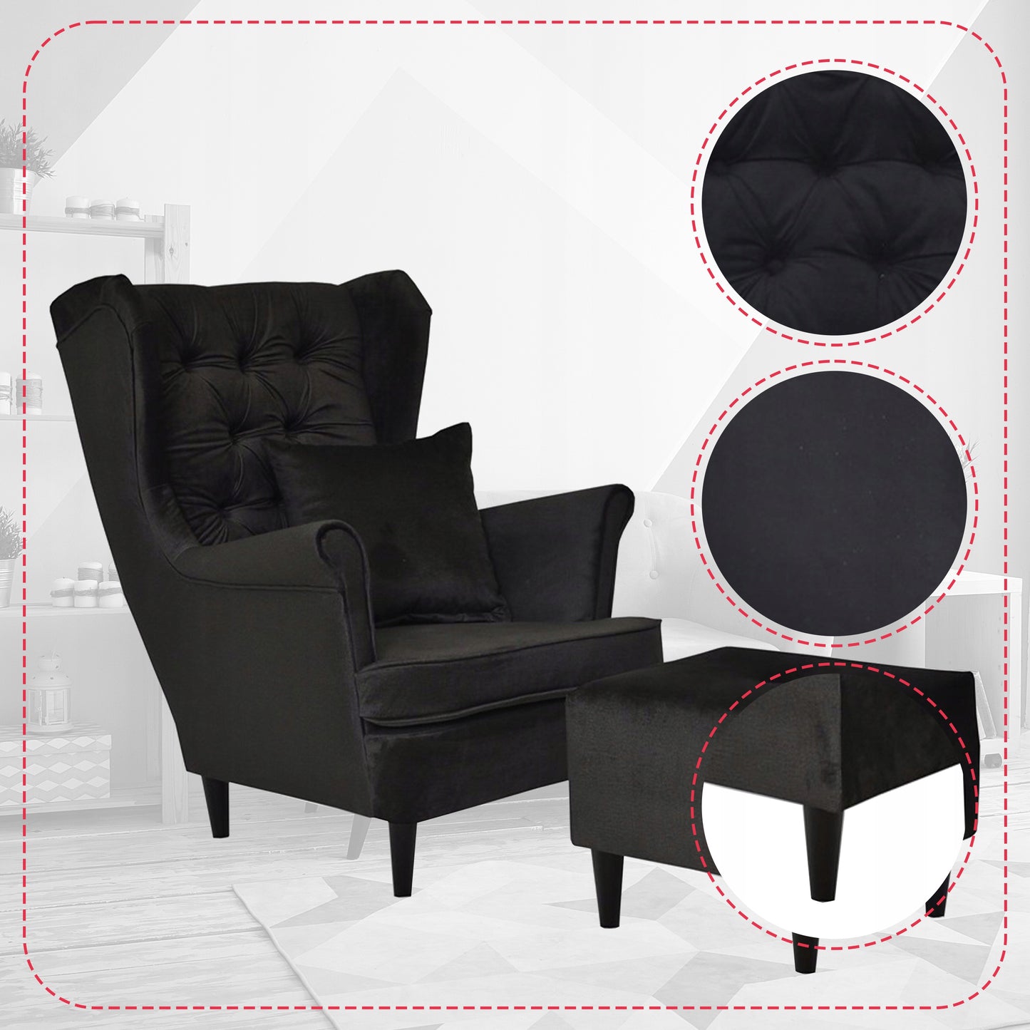 Fotel uszak Gaja z podnóżkiem skandynawski Family Meble ciemno szary