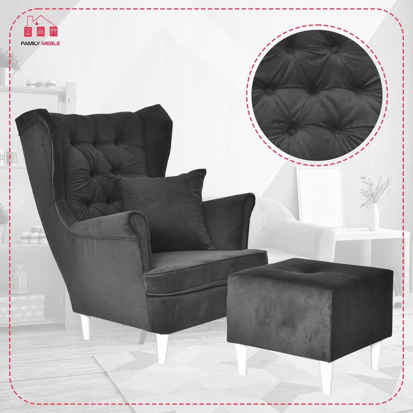 Fotel uszak Gaja podnóżkiem skandynawski Family Meble mysi szary siwy