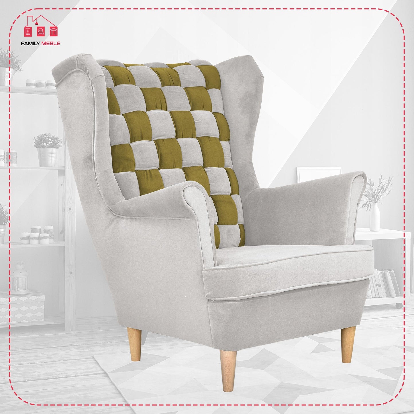 Fotel uszak Carol Duo skandynawski Family Meble siwo zielony paski