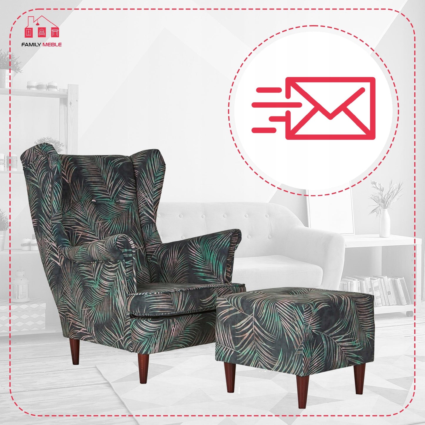 Fotel uszak ARI PRINT z podnóżkiem, skandynawski Family Meble liście