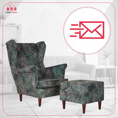 Fotel uszak ARI PRINT z podnóżkiem, skandynawski Family Meble liście
