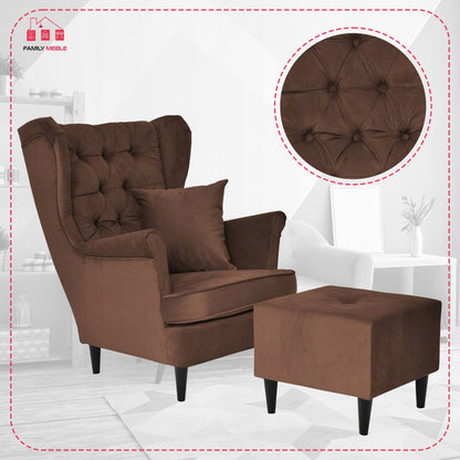 Fotel uszak Gaja z podnóżkiem skandynawski Family Meble brązu orzech