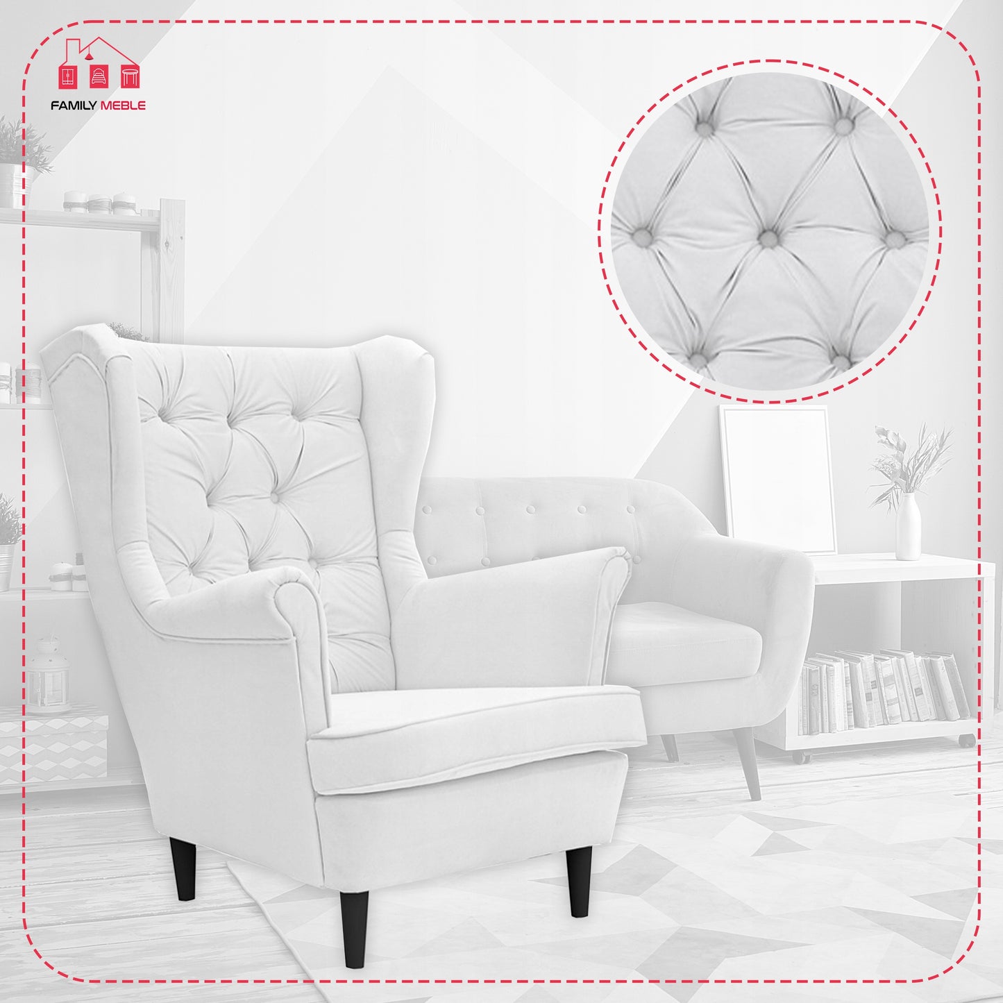 Fotel uszak Gaja skandynawski Famil Meble głęboko pikowana brudna biel