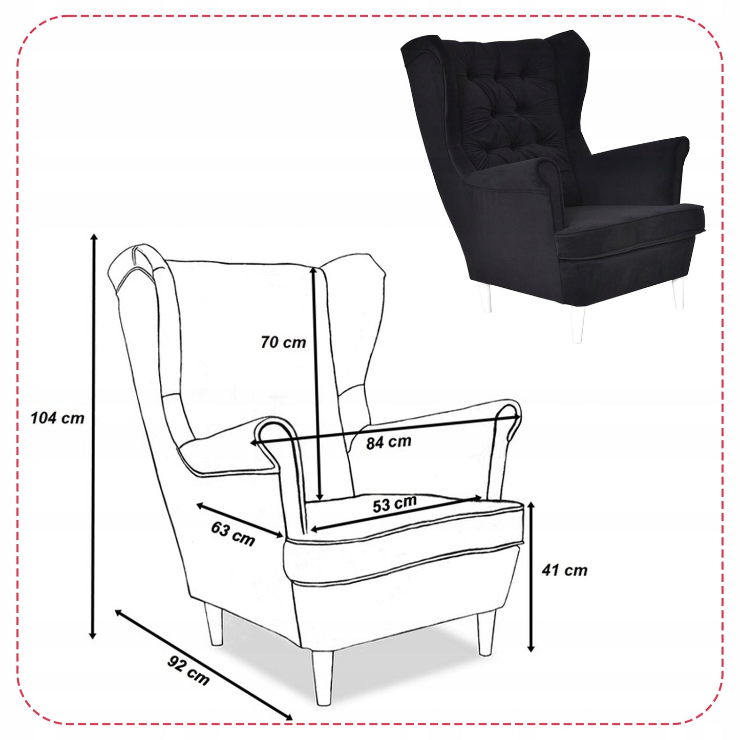 Fotel uszak Gaja skandynawski Family Meble czarny welur hydrofobowy
