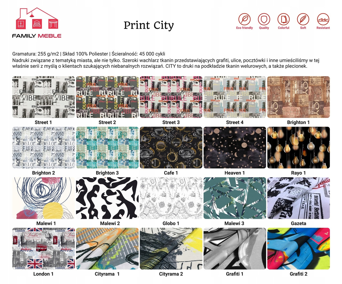 Zestaw wypoczynkowy mebli uszak Ari Print sofa fotele pufy Family Meble komplet