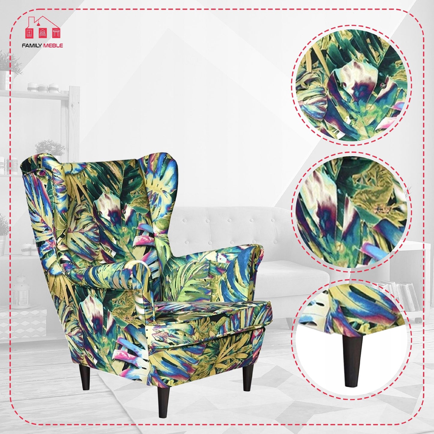 Fotel uszak ARI PRINT skandynawski Family Meble Monstera zielona liści