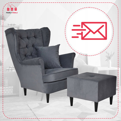 Fotel uszak Gaja z podnóżkiem, skandynawski Family Meble szary wygodny