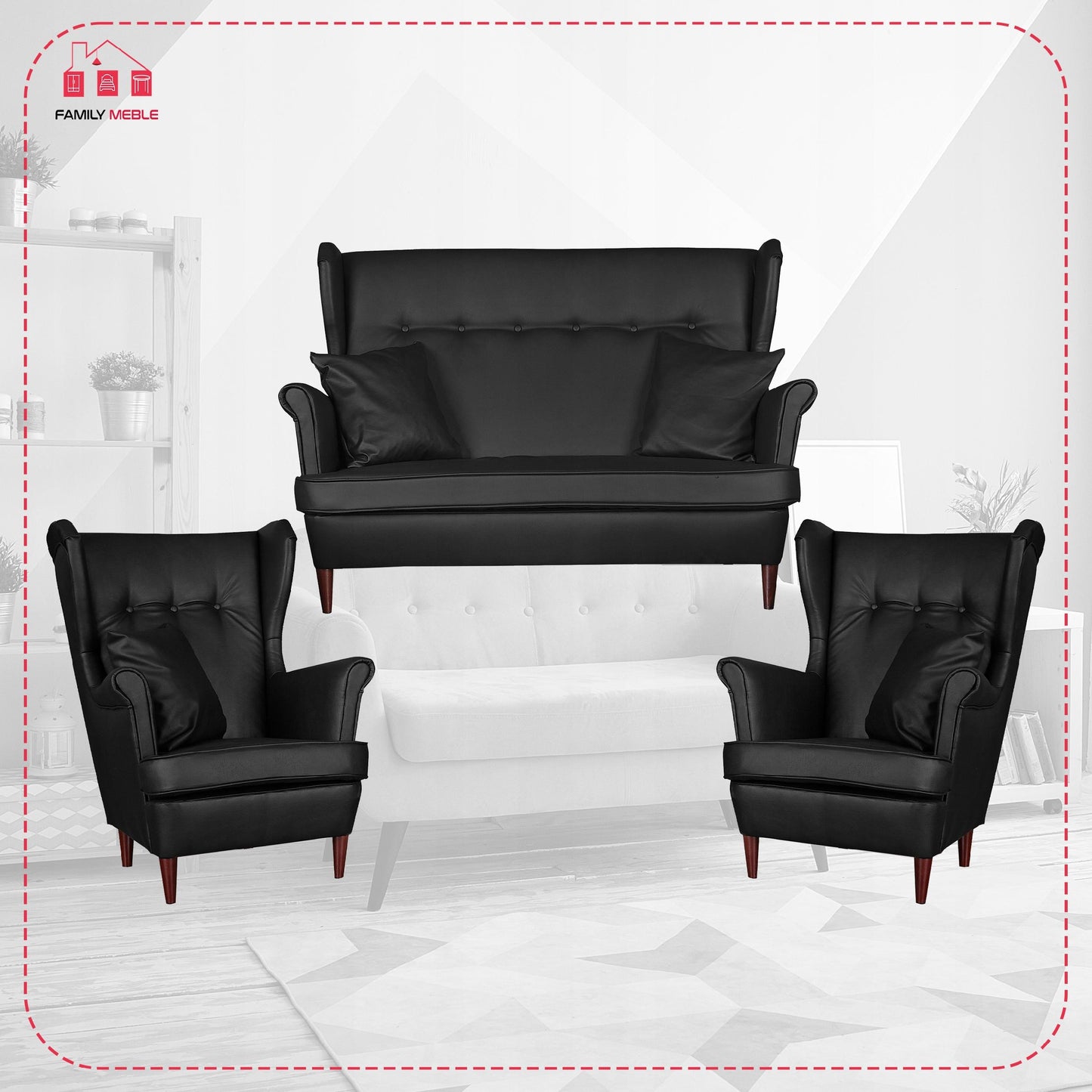 Zestaw wypoczynkowy mebli uszak Eko skóra sofa fotele skandynawskie Family Meble