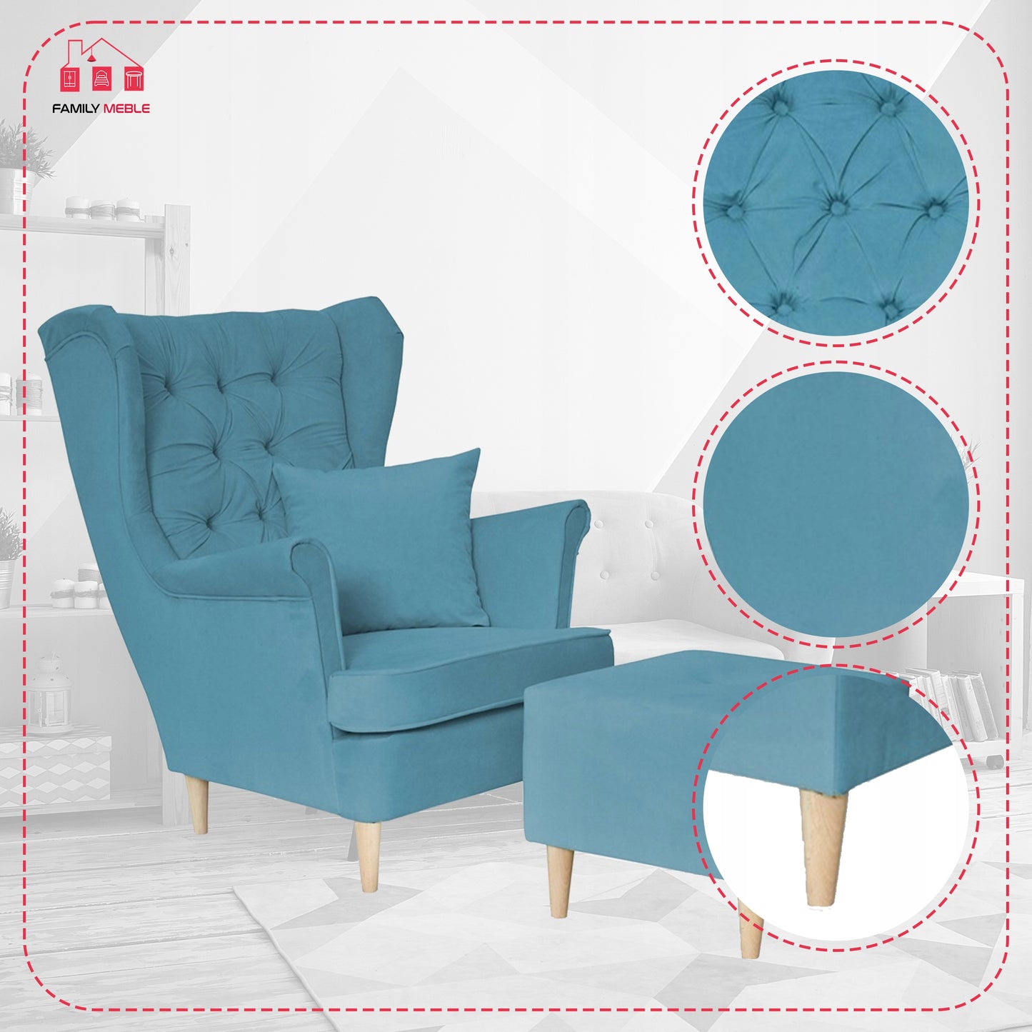 Fotel uszak Gaja z podnóżkiem skandynawski Family Mebl niebieski jasny