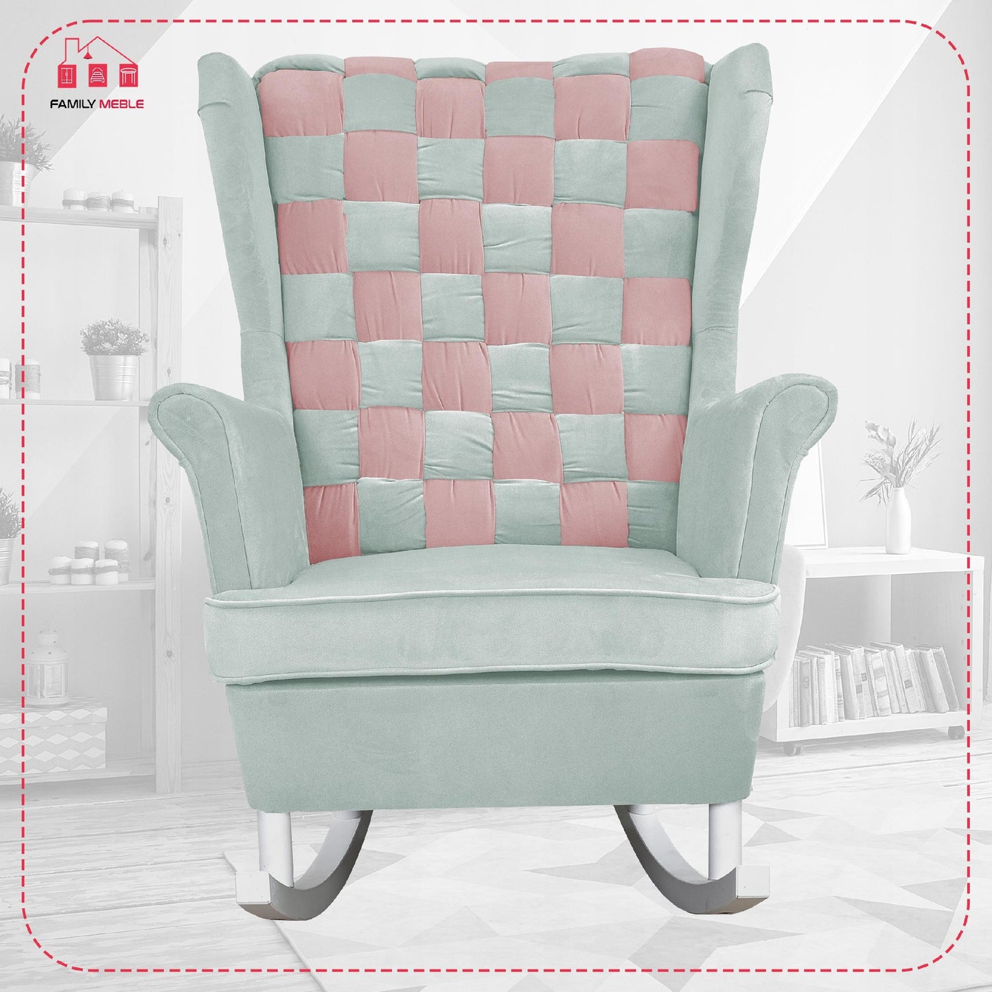 Fotel uszak bujany Carol Duo Family Meble różowo błękitny szachownica welur