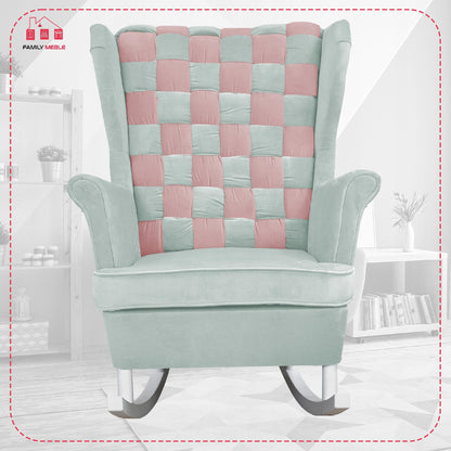 Fotel uszak bujany Carol Duo Family Meble różowo błękitny szachownica welur