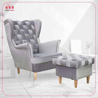 Fotel uszak Carol z podnóżkiem skandynawski Family Meble siwy aksamit