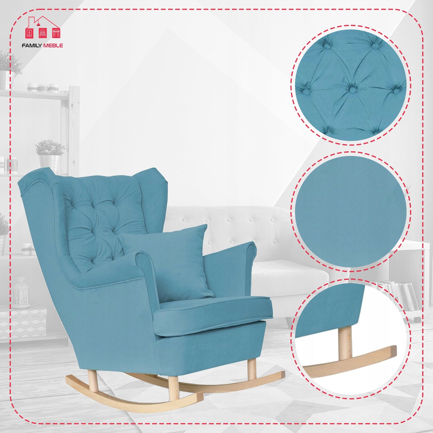 Fotel uszak Gaja bujany skandynawski Family Meble niebieski na płozach błękit