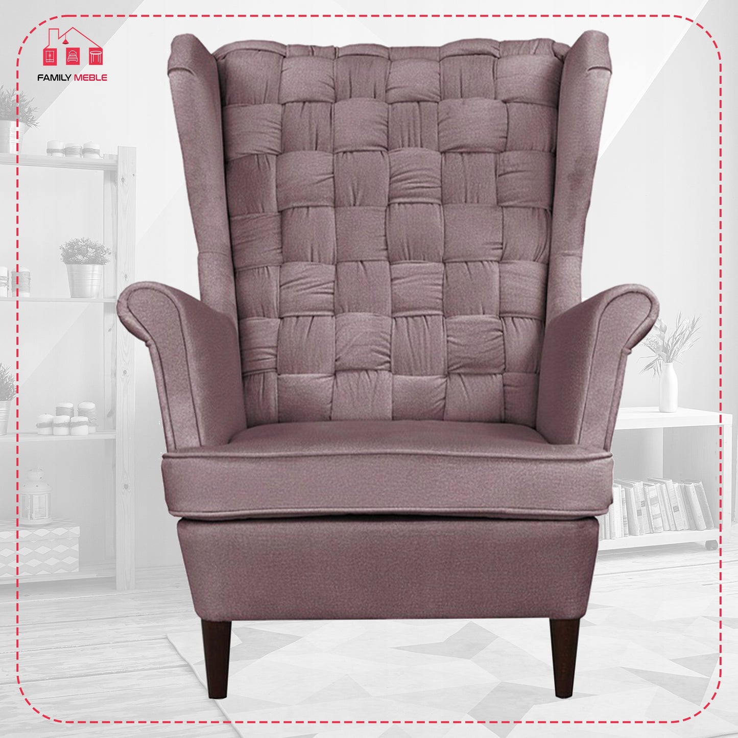 Fotel uszak Carol z podnóżkiem skandynawski Family Meble liliowy róż